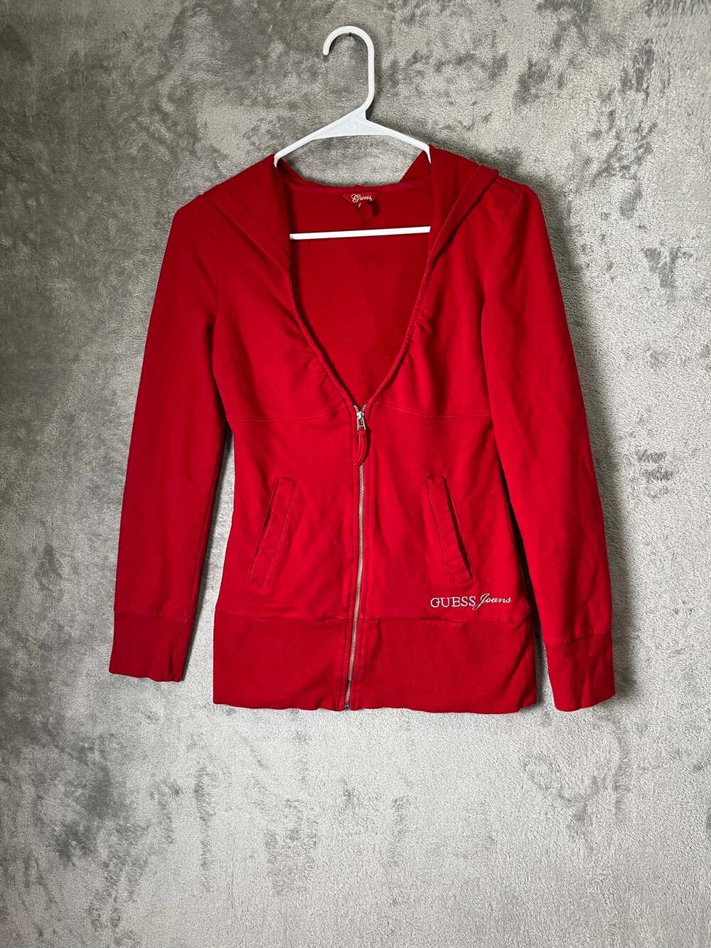 Vintage Guess Red Full Zip Hoodie Sweatshirt Jacket Womens Small Y2K McBling Top